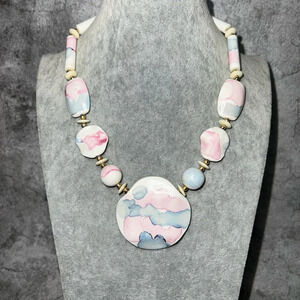 VINTAGE 1980s JAPAN SIGNED PAINTED CERAMIC BEADED‎ NECKLACE, GOLD TONE